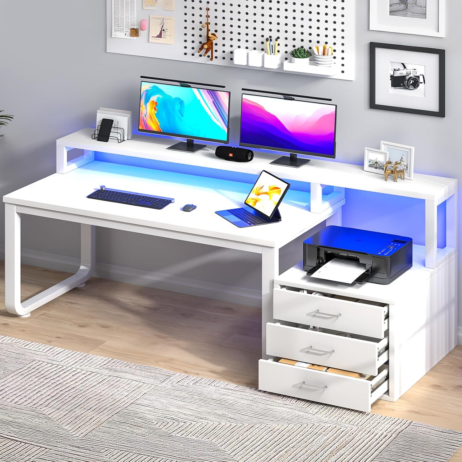 Commercial Printer - 67-Zoll-Schreibtisch in Weiß mit 3 Schubladen